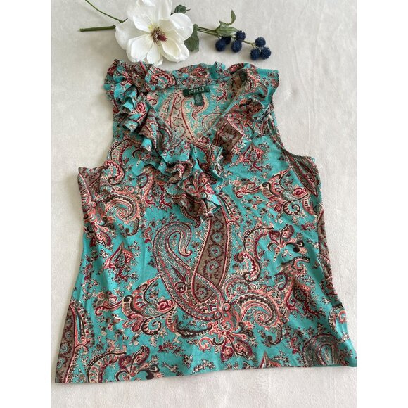 Lauren Ralph Lauren Womens Sleeveless Paisley Ruffle Top L/G Preppy100% Cotton - Picture 1 of 8